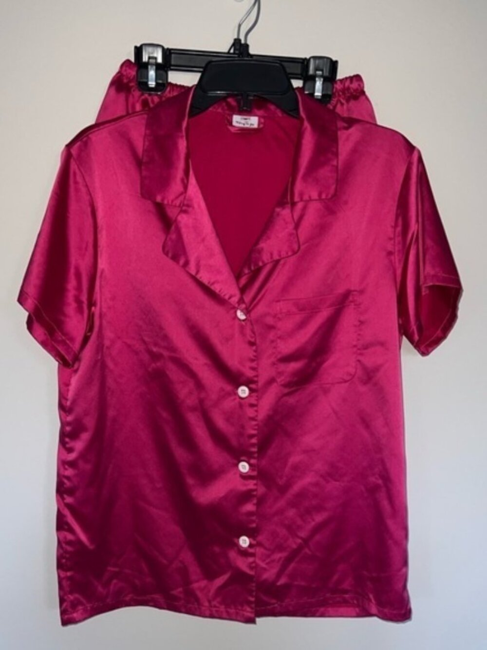 Satin Hot Pink Pajama Bridesmaid set short sleeve top and shorts Medium